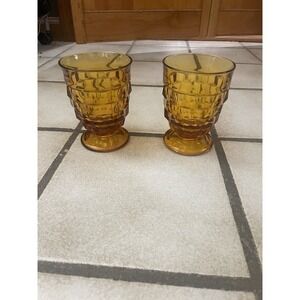 Vintage Set of 2 Indian‎ Glass Whithall Amber Stemmed Goblets